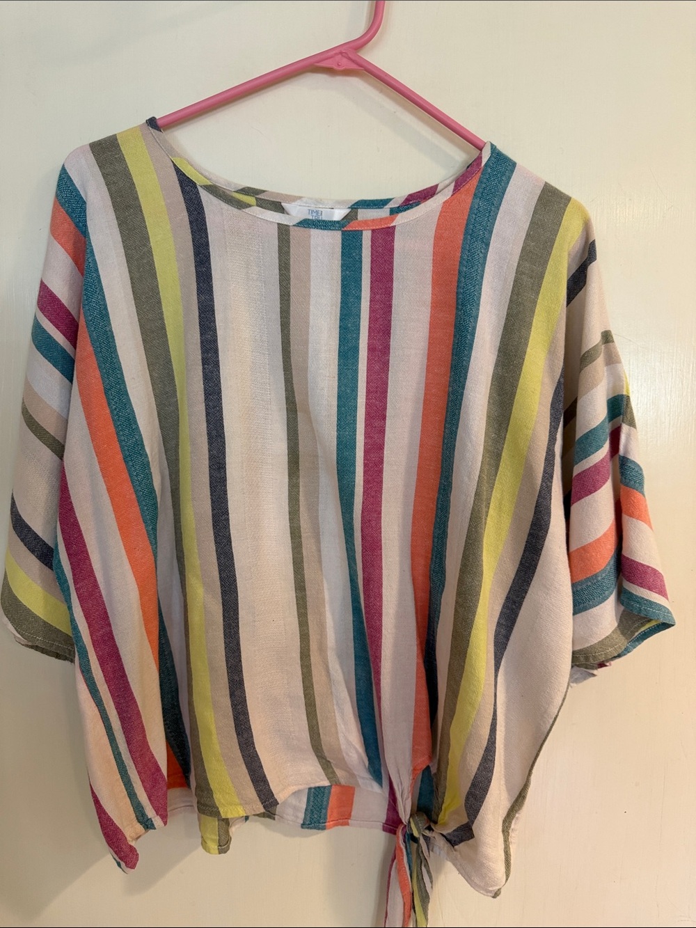 Woven Multi-Color Stripe Tie-Hem Women’s Top sz S oversized linen cotton